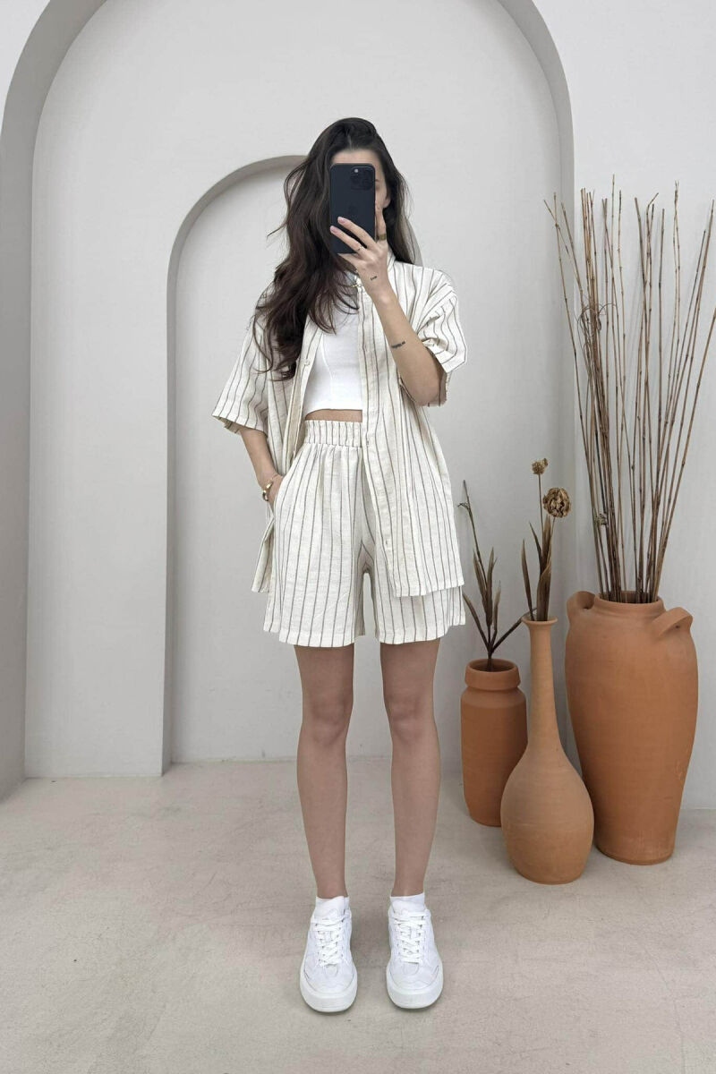 STRIPE DESIGN SHIRT+SHORTS WOMEN SET CREM+BEIGE/KREM+BEZHE - 2