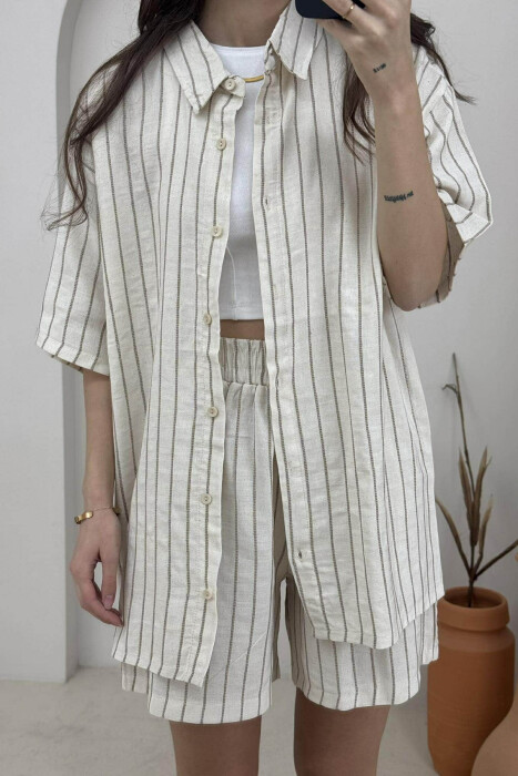 STRIPE DESIGN SHIRT+SHORTS WOMEN SET CREM+BEIGE/KREM+BEZHE - 3