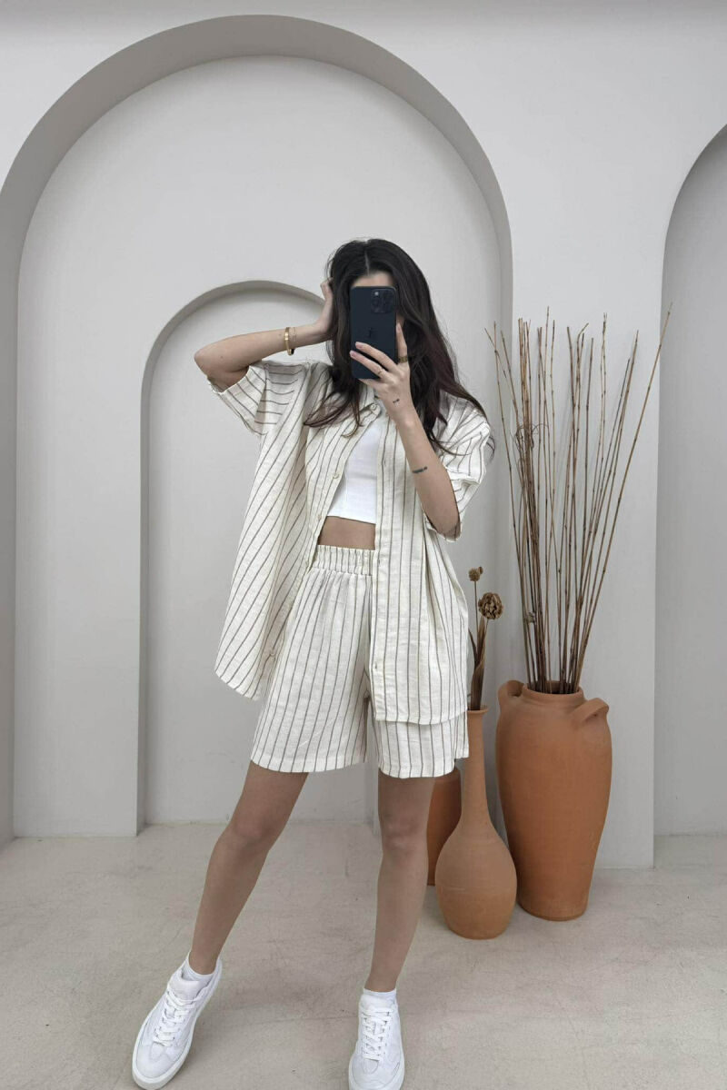 STRIPE DESIGN SHIRT+SHORTS WOMEN SET CREM+BEIGE/KREM+BEZHE - 4