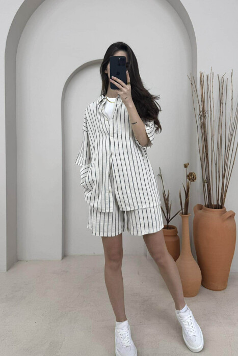 STRIPE DESIGN SHIRT+SHORTS WOMEN SET CREM+DARK BLUE/KREM+BLUE ERRET 
