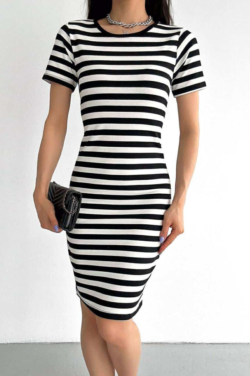 STRIPE DESIGN SIMPLE WOMEN DRESS WHITE-BLACK/BAZE - 1