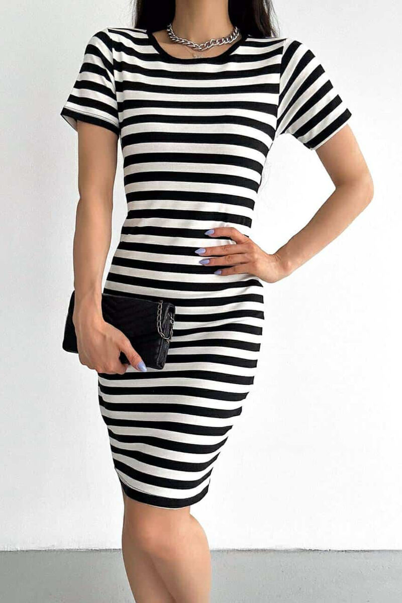 STRIPE DESIGN SIMPLE WOMEN DRESS WHITE-BLACK/BAZE - 2