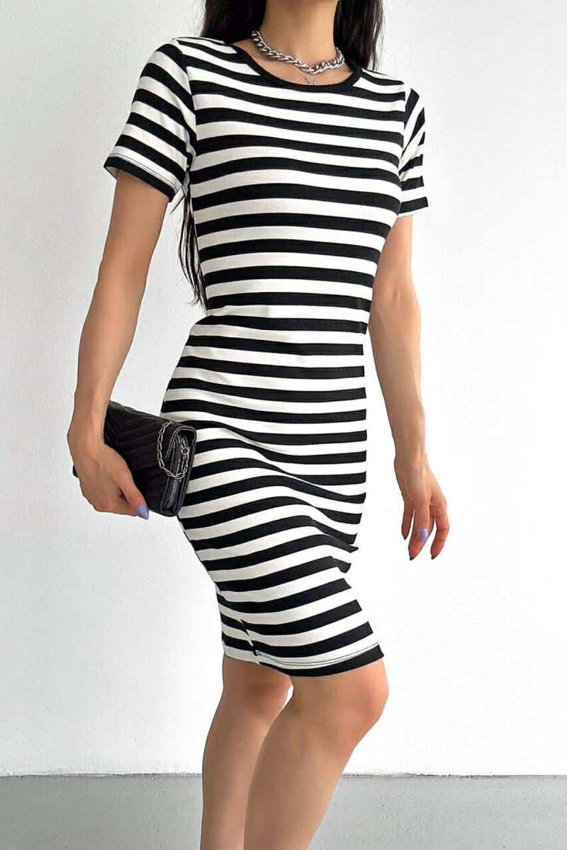 STRIPE DESIGN SIMPLE WOMEN DRESS WHITE-BLACK/BAZE - 4