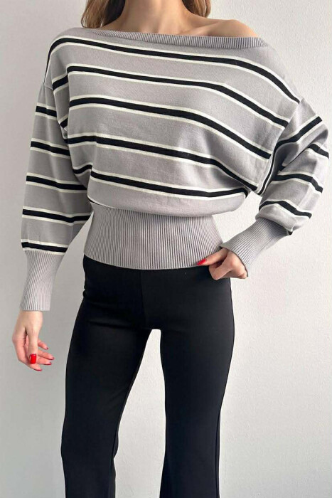 STRIPE DESIGN WOMEN SWEATER GREY/GRI - KLAUDIO FASHION