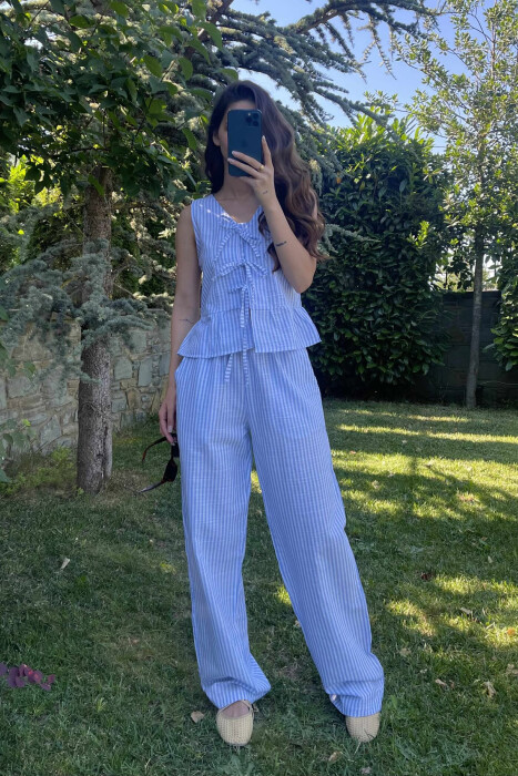 STRIPE LACING TANK TOP+TROUSERS WOMEN SET LIGHTBLUE/BZ 