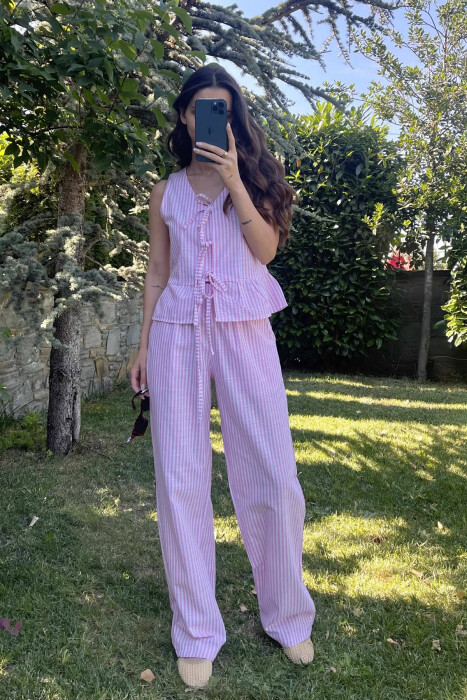 STRIPE LACING TANK TOP+TROUSERS WOMEN SET PINK/ROZE 