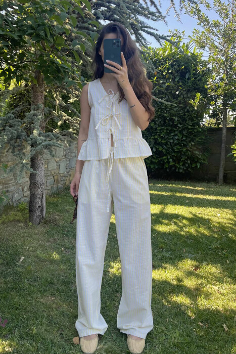 STRIPE LACING TANK TOP+TROUSERS WOMEN SET YELLOW/E VERDHE - 1