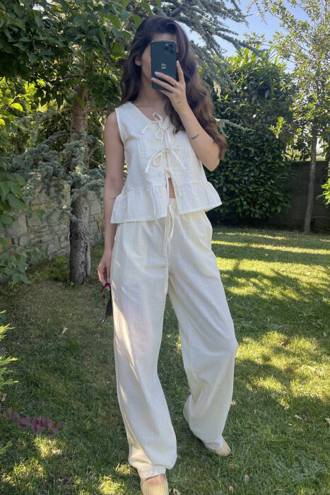 STRIPE LACING TANK TOP+TROUSERS WOMEN SET YELLOW/E VERDHE - 2