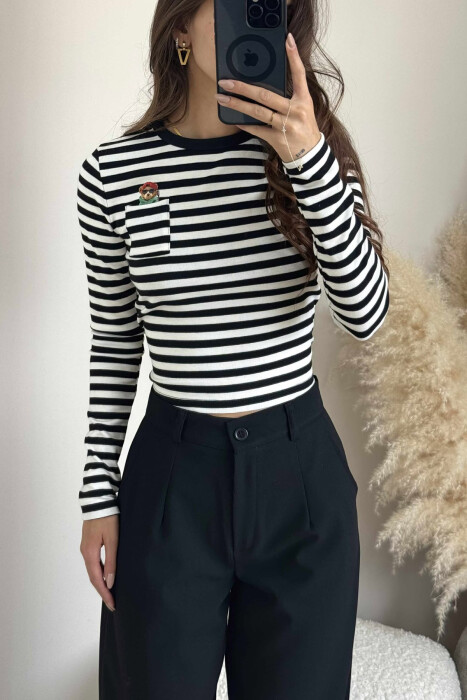 STRIPE SMALL POCKET DETAIL WOMEN SWEATSHIRT BLACK-WHITE/ZB - 1