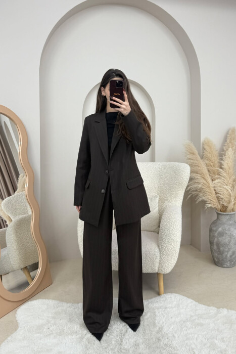 STRIPED JACKET+TROUSERS SIMPLE WOMEN SET DARK BROWN/KAE 