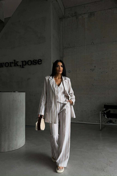 STRIPED JACKET+VEST+TROUSERS 3 PIECE WOMEN SET LIGHT BEIGE/BZHZB - 2