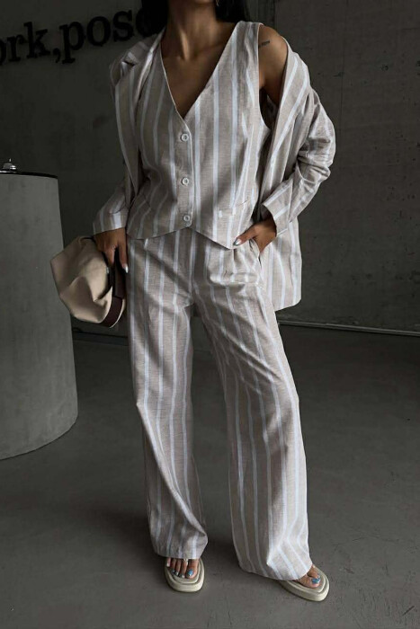 STRIPED JACKET+VEST+TROUSERS 3 PIECE WOMEN SET LIGHT BEIGE/BZHZB - 4