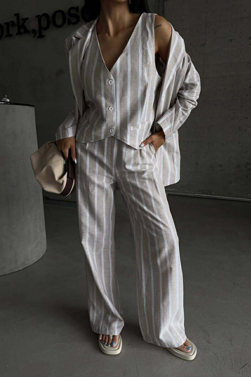STRIPED JACKET+VEST+TROUSERS 3 PIECE WOMEN SET LIGHT BEIGE/BZHZB - 4