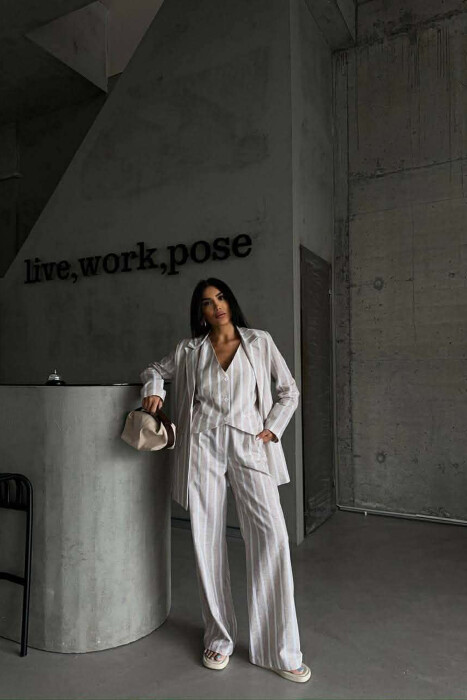 STRIPED JACKET+VEST+TROUSERS 3 PIECE WOMEN SET LIGHT BEIGE/BZHZB - 5