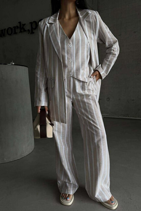 STRIPED JACKET+VEST+TROUSERS 3 PIECE WOMEN SET LIGHT BEIGE/BZHZB - 1