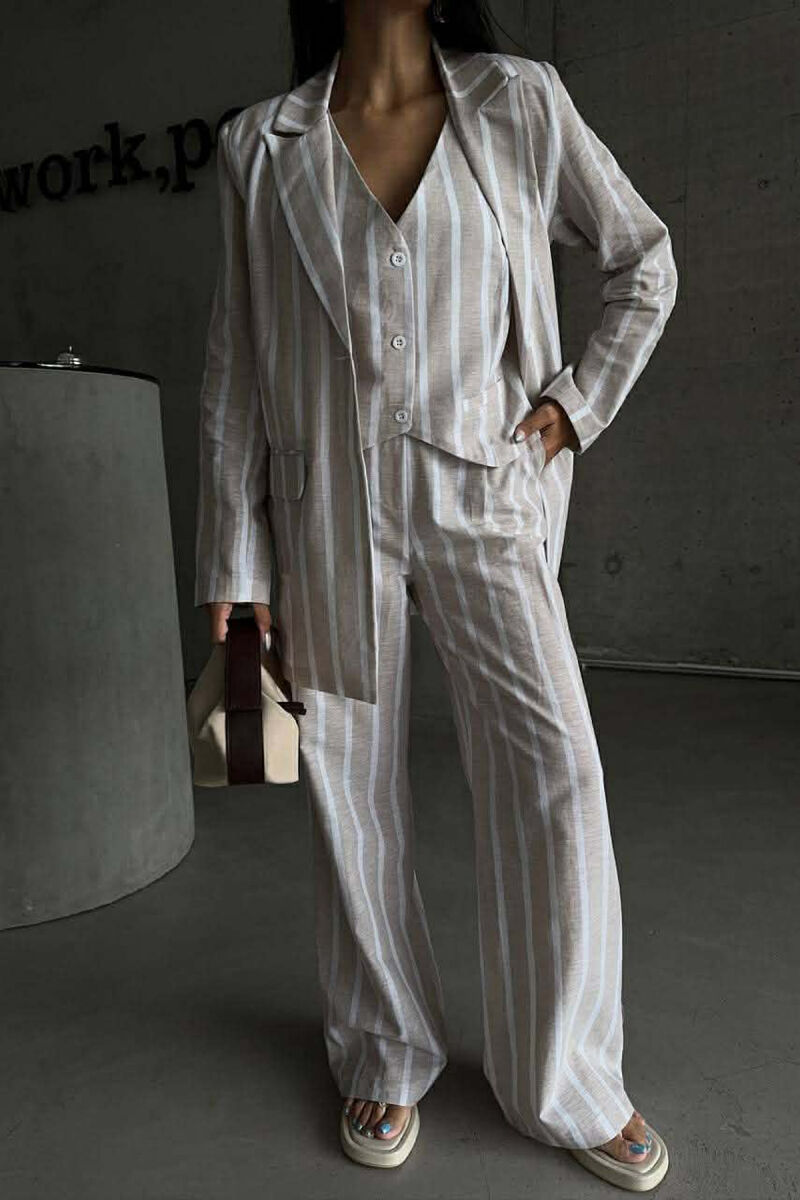 STRIPED JACKET+VEST+TROUSERS 3 PIECE WOMEN SET LIGHT BEIGE/BZHZB - 1