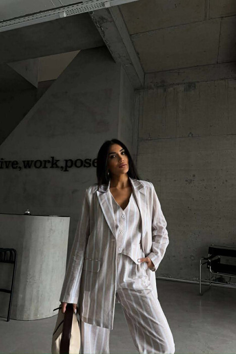 STRIPED JACKET+VEST+TROUSERS 3 PIECE WOMEN SET LIGHT BEIGE/BZHZB - 6