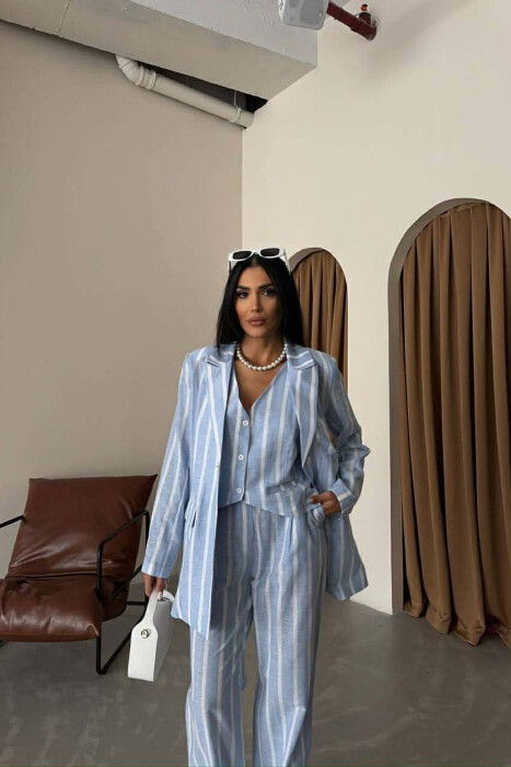 STRIPED JACKET+VEST+TROUSERS 3 PIECE WOMEN SET LIGHTBLUE/BZ - 3