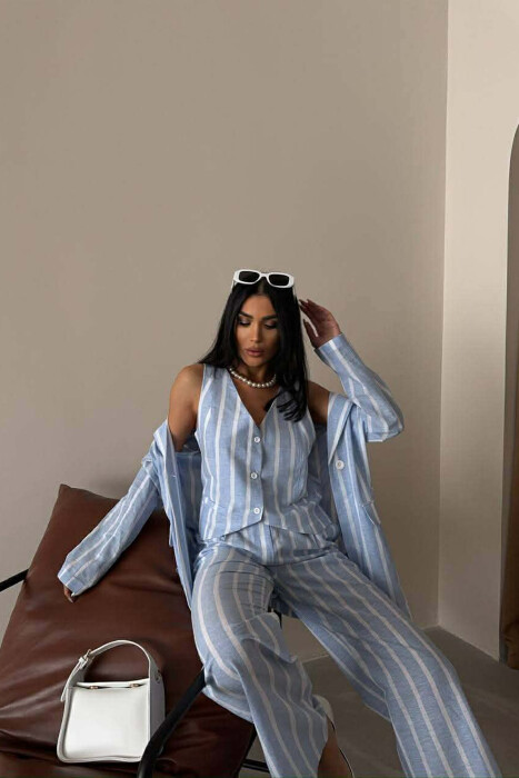 STRIPED JACKET+VEST+TROUSERS 3 PIECE WOMEN SET LIGHTBLUE/BZ - 7