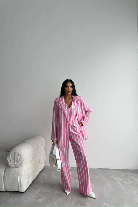 STRIPED JACKET+VEST+TROUSERS 3 PIECE WOMEN SET PINK/ROZE - 2