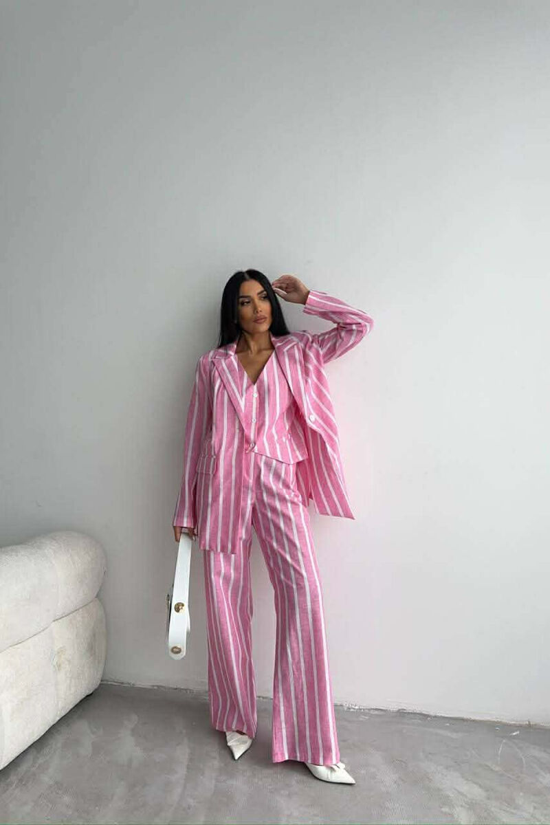 STRIPED JACKET+VEST+TROUSERS 3 PIECE WOMEN SET PINK/ROZE - 3