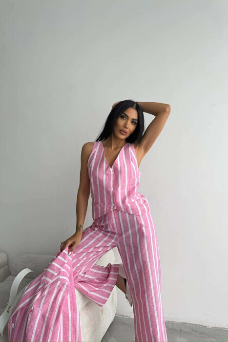 STRIPED JACKET+VEST+TROUSERS 3 PIECE WOMEN SET PINK/ROZE - 4