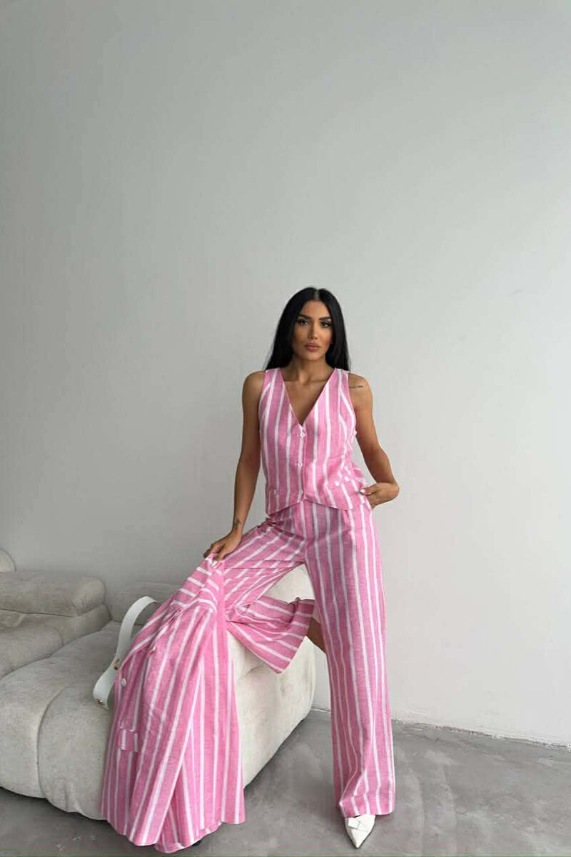 STRIPED JACKET+VEST+TROUSERS 3 PIECE WOMEN SET PINK/ROZE - 7