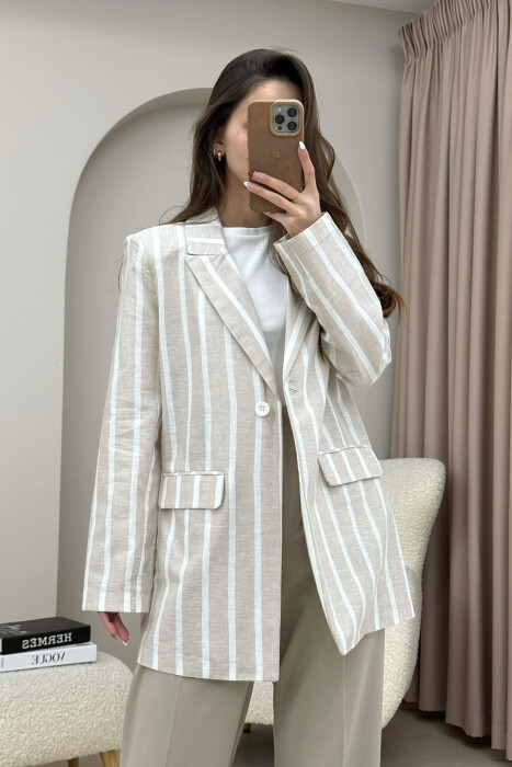 STRIPED SIMPLE WOMEN JACKET LIGHT BEIGE/BZHZB - 