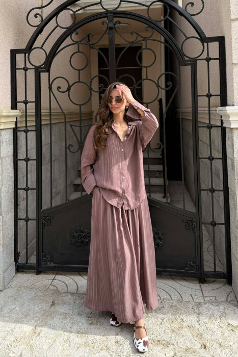 STRIPES DESIGN SHIRT + SKIRT WOMAN SET BROWN/KAFE - KLAUDIO FASHION