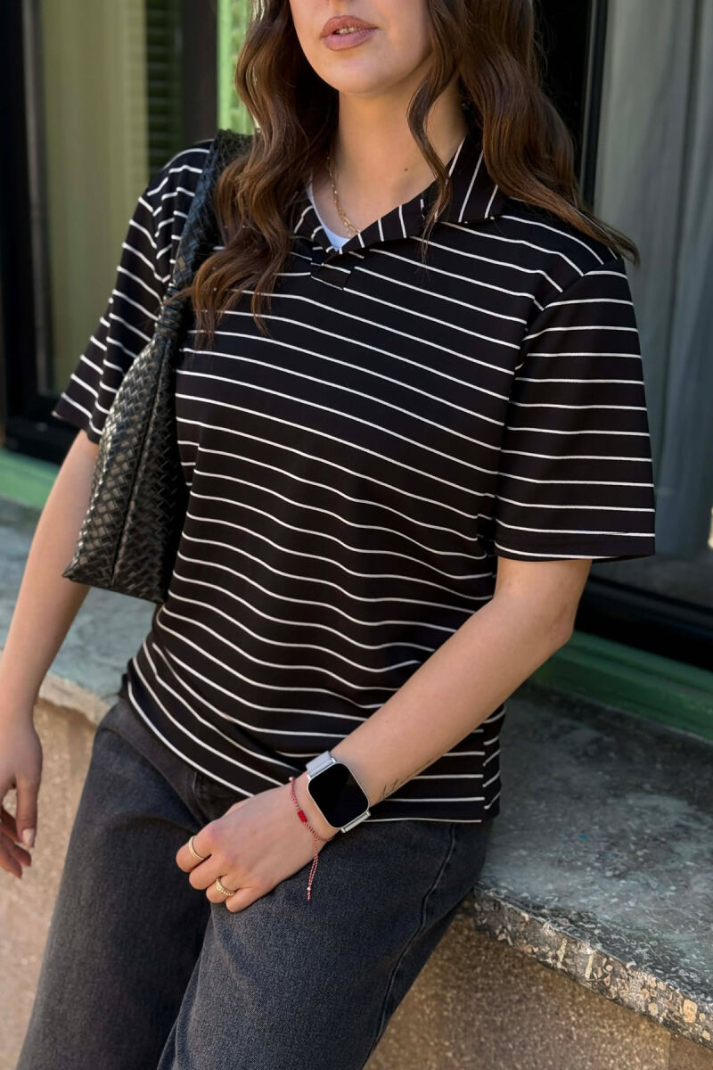 STRIPES POLO NECK WOMAN T-SHIRT + 6 PAIR SOCKS BLACK/ E ZEZE - 4