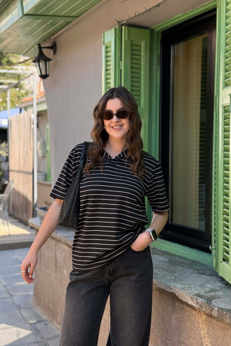 STRIPES POLO NECK WOMAN T-SHIRT + 6 PAIR SOCKS BLACK/ E ZEZE - KLAUDIO FASHION