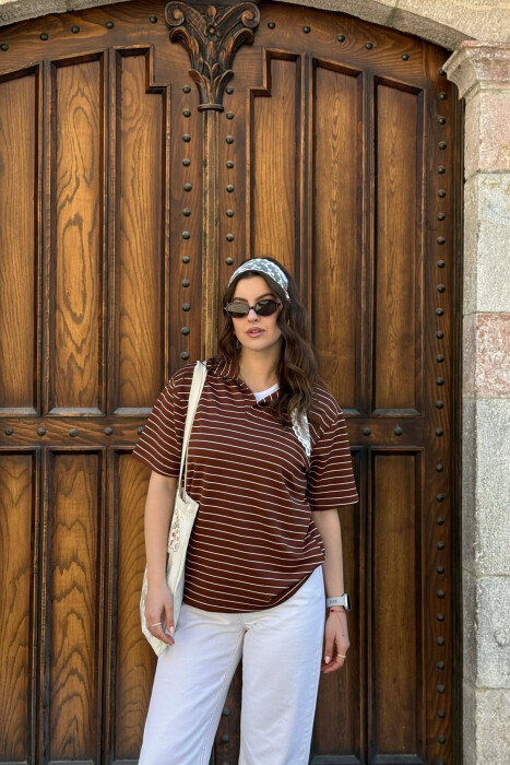 STRIPES POLO NECK WOMAN T-SHIRT + 6 PAIR SOCKS BROWN/KAFE - KLAUDIO FASHION