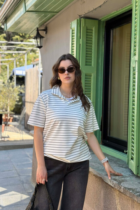 STRIPES POLO NECK WOMAN T-SHIRT + 6 PAIR SOCKS WHITE-E BARDHE - KLAUDIO FASHION