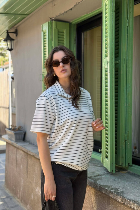 STRIPES POLO NECK WOMAN T-SHIRT + 6 PAIR SOCKS WHITE-E BARDHE - 2