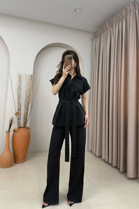 STRIPES SHORT SLEEVE SHIRT + TROUSERS WOMAN SET BLACK/ E ZEZE 
