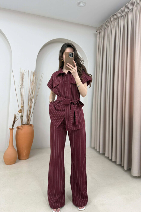 STRIPES SHORT SLEEVE SHIRT + TROUSERS WOMAN SET BURGUNDY/VISHNJE - 