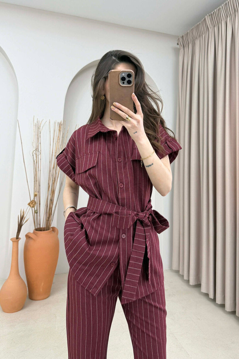 STRIPES SHORT SLEEVE SHIRT + TROUSERS WOMAN SET BURGUNDY/VISHNJE - 3
