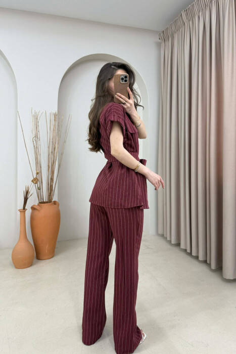 STRIPES SHORT SLEEVE SHIRT + TROUSERS WOMAN SET BURGUNDY/VISHNJE - 4