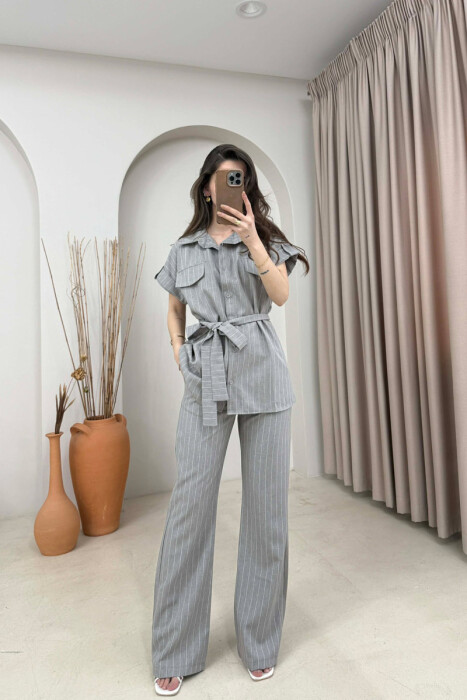 STRIPES SHORT SLEEVE SHIRT + TROUSERS WOMAN SET GREY/GRI 