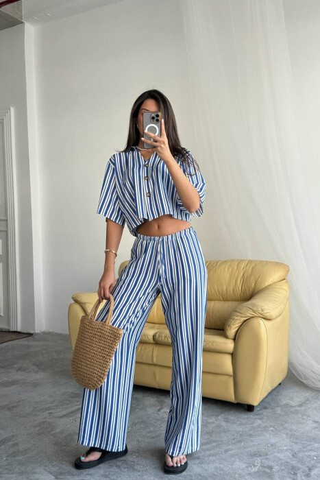 STRIPES SHORT SLEEVE SHIRT+ TROUSERS WOMAN TWO PIECE SET BLUE/BLU - KLAUDIO FASHION