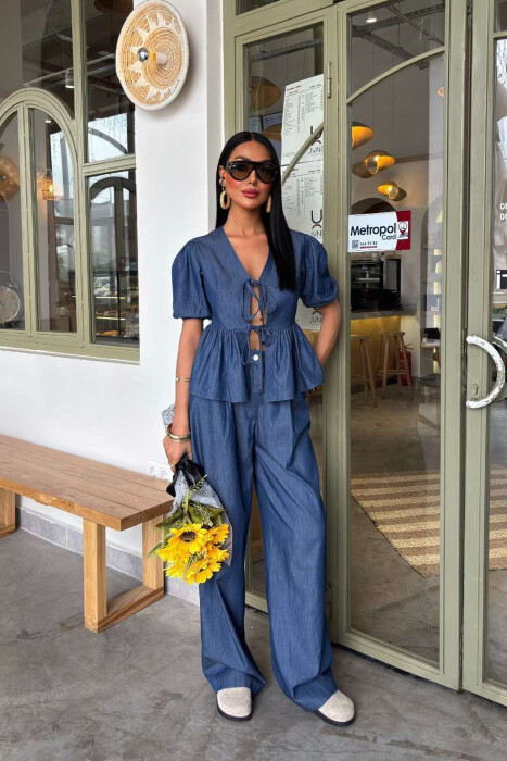 STYLISH DENIM TIE FRONT SHIRT+TROUSERS WOMEN SET BLUE/BLU - 1