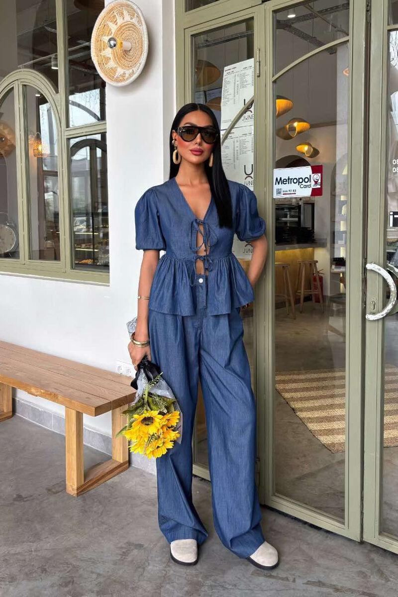 STYLISH DENIM TIE FRONT SHIRT+TROUSERS WOMEN SET BLUE/BLU - 1