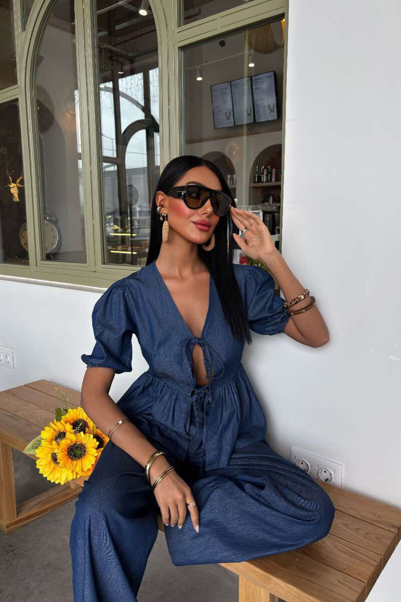 STYLISH DENIM TIE FRONT SHIRT+TROUSERS WOMEN SET BLUE/BLU - 2
