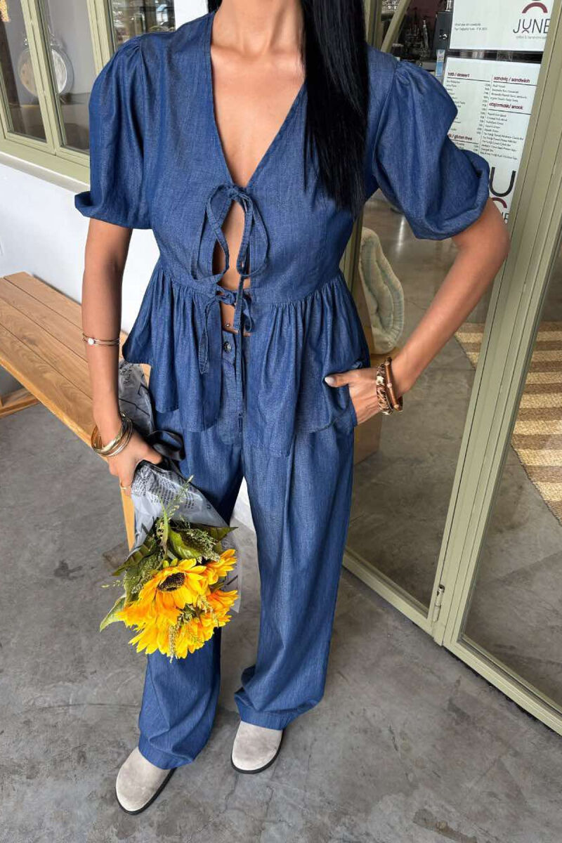 STYLISH DENIM TIE FRONT SHIRT+TROUSERS WOMEN SET BLUE/BLU - 3