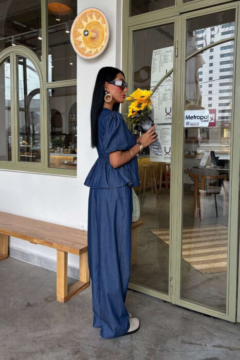 STYLISH DENIM TIE FRONT SHIRT+TROUSERS WOMEN SET BLUE/BLU - 4