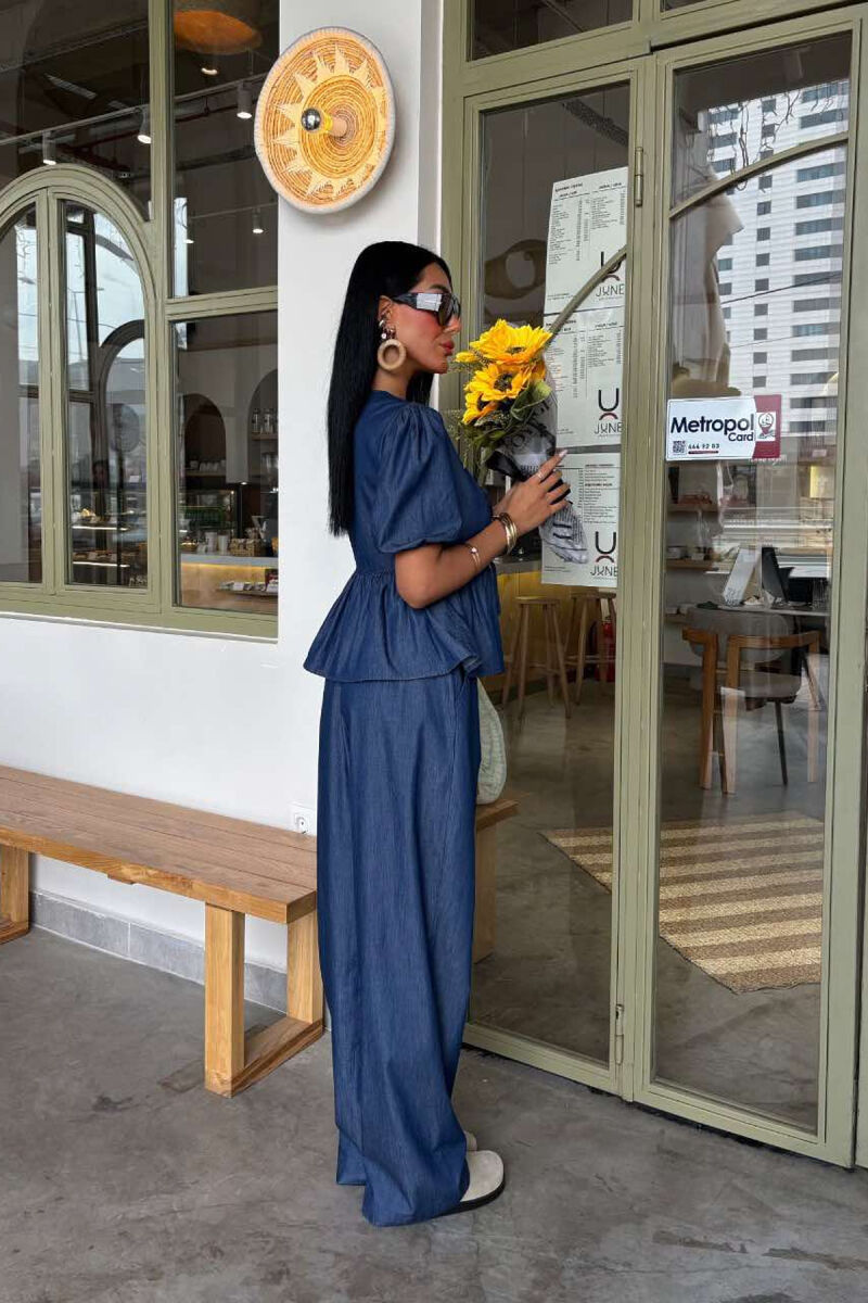 STYLISH DENIM TIE FRONT SHIRT+TROUSERS WOMEN SET BLUE/BLU - 4