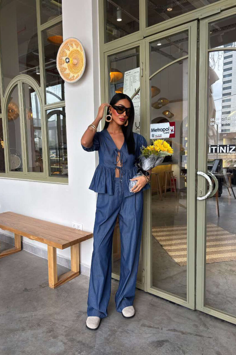 STYLISH DENIM TIE FRONT SHIRT+TROUSERS WOMEN SET BLUE/BLU - 5