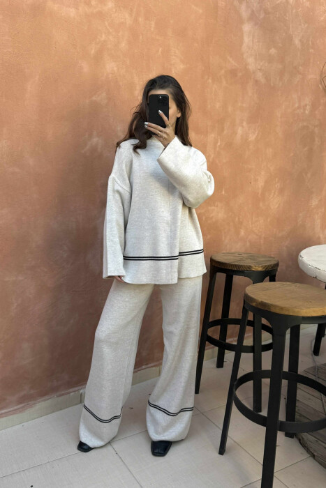 SWEATER+TROUSERS STRIPED WOMEN KNIT SET BEIGE/BEZHE 