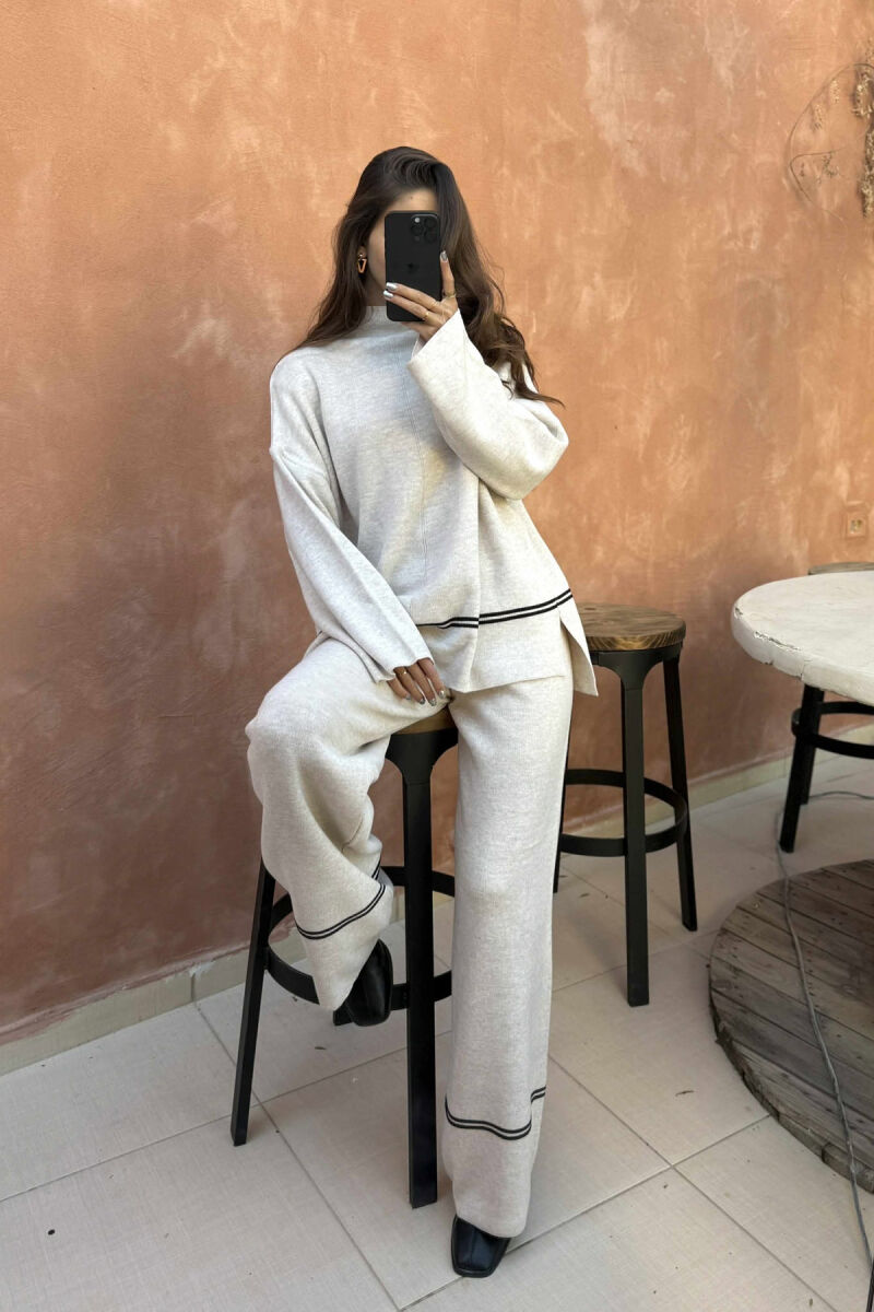 SWEATER+TROUSERS STRIPED WOMEN KNIT SET BEIGE/BEZHE - 2