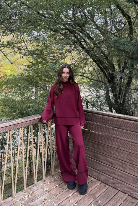 SWEATER+TROUSERS STRIPED WOMEN KNIT SET BURGUNDY/VISHNJE - 1
